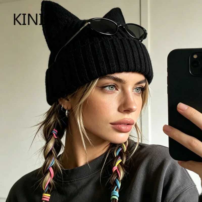 Beanie/Skull Caps Cute Cat Ears Beanies for Women Autumn Winter Warm Ear Protection Sweet Versatile Pullover Knitted Hats Crochet Bucket Cap Q261017