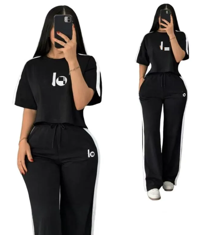 Women's casual sports Tracksuit short cut crop top round neck short sleeved high waisted straight leg pants Yoga 2-piece set Slim Yoga Outfits