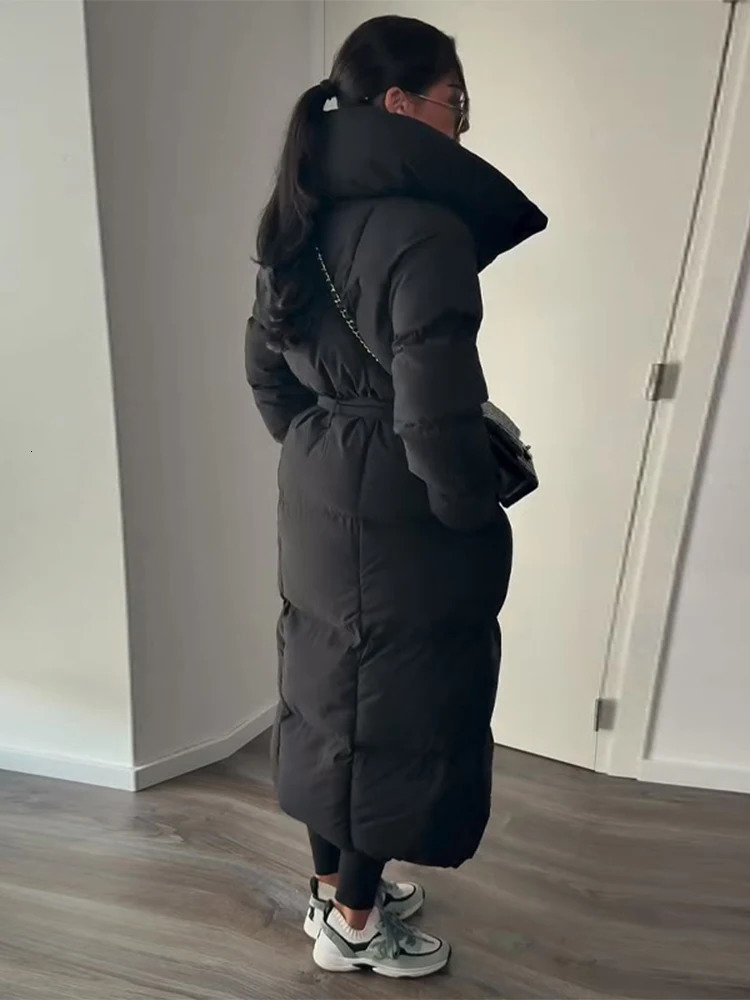 Winter Warm Stand Neck Long Lace Up Down Jackets Women Fashion Solid Ruff Soft Waistcinching Coat Female Winter Chic Jackets 261016