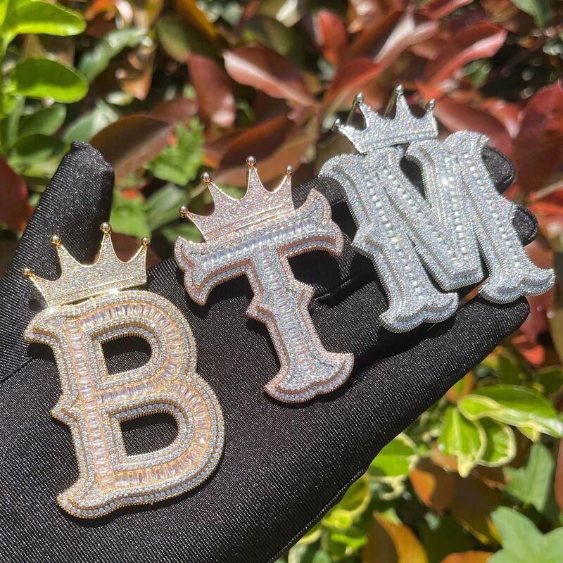 Foreign trade men's ice flower 26-letter necklace charm crown pendant cubic 925 Sterling Silver Cubic Zirconia hip-hop jewelry