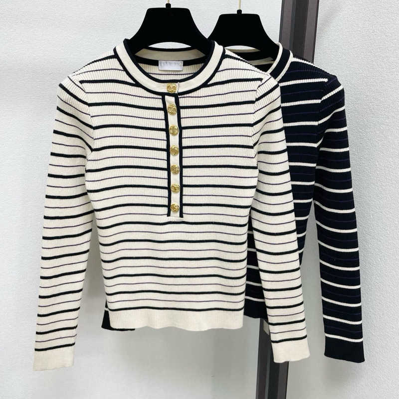 Women's Sweaters designer clothes women 2026 Early Autumn New Style Half-Open Collar Metal Button Striped Slim-Fit Long-Sleeve Knit Sweater