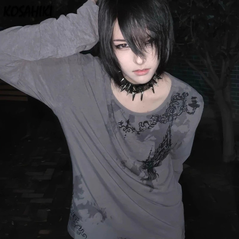 Streetwear Punk Vintage Gray Printing TShirt 2026 Y2k Aesthetic Grunge Loose Tshirts Harajuku Men and Women Casual Autumn Tops 261016