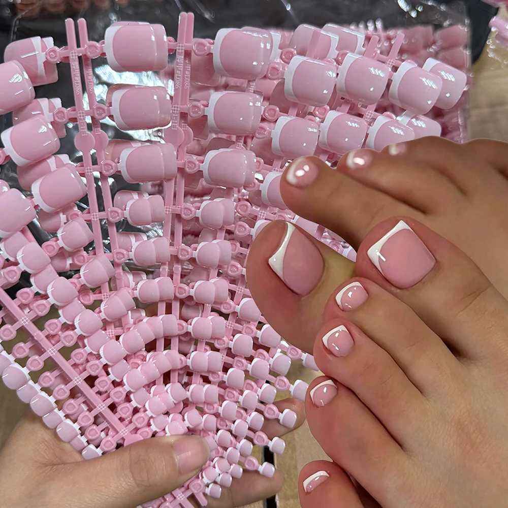 False Nails 24/120pcs White French Short Square Press On Toenails Nude Pink Glossy Soft Gel False Toe Nails Summer Acrylic Fake Toe NailTips Q261017