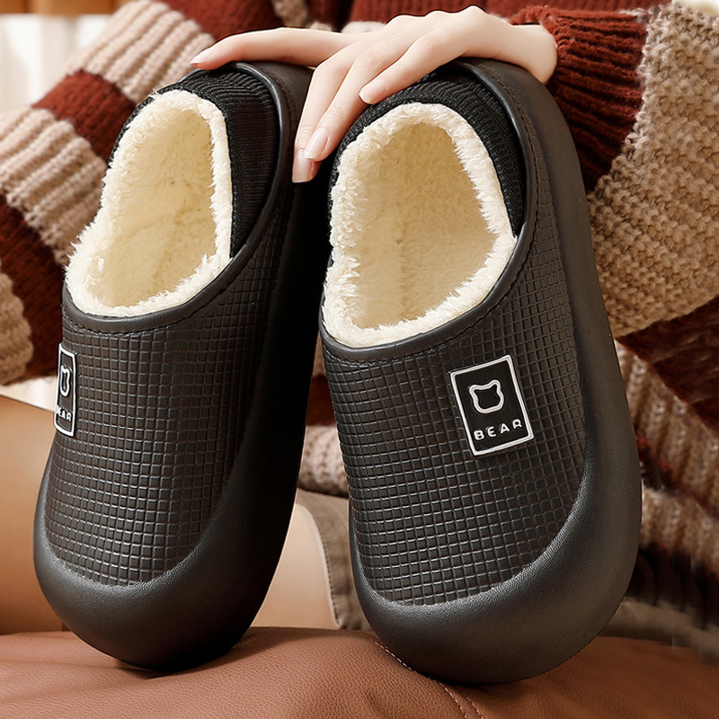 Waterproof Cotton Slippers for Women Men Winter Outdoor Indoor Non slip Home Plush Thick Bottom Cute Bear Shoes Couple ddmykukumalu