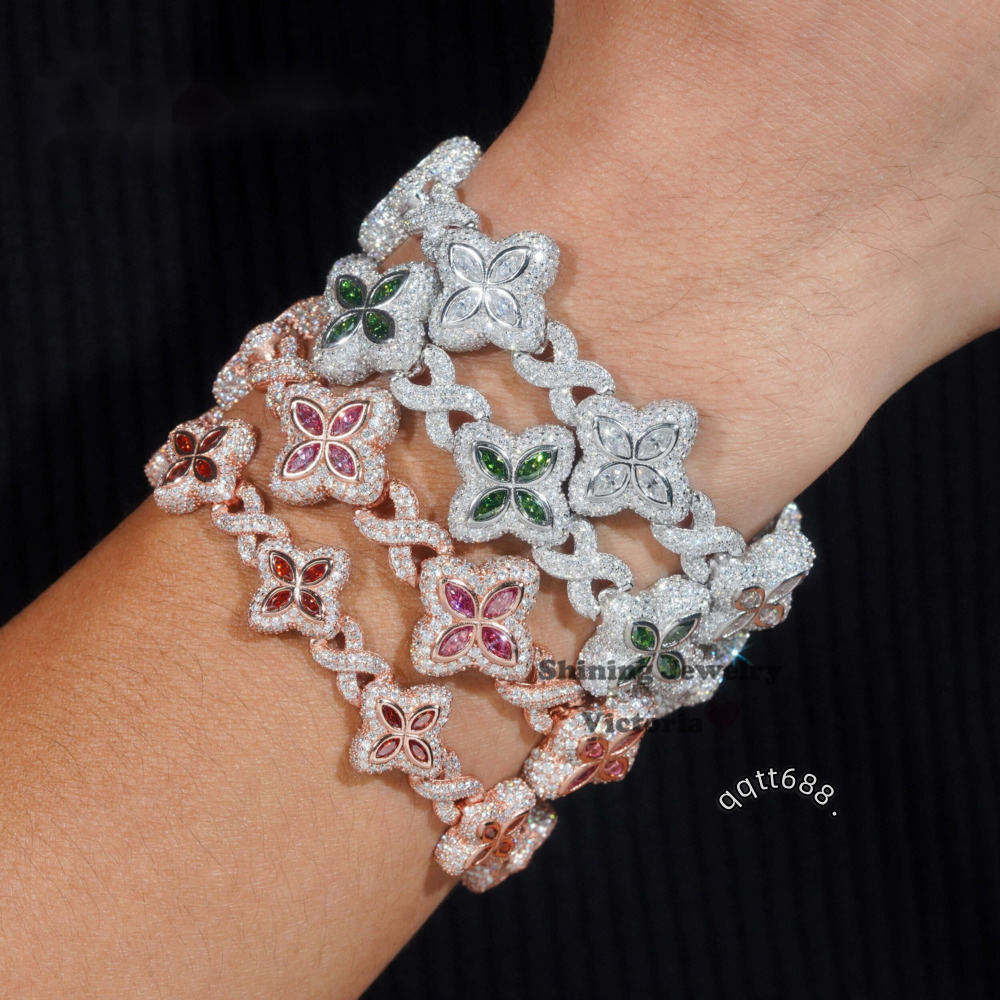 Shining Jewelry 2024 New Arrivals Fashion Jewelry 925 Sterling Silver Vvs Moissanite Diamond Four Leaf Clover Tennis Bracelet