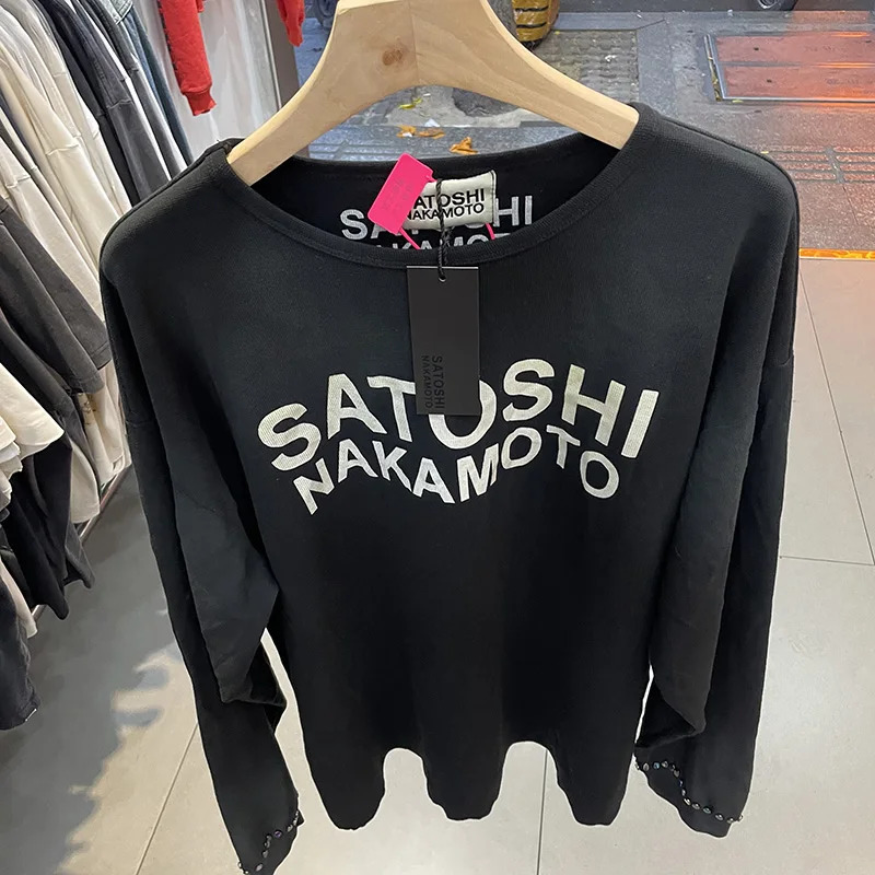 Top Quality Comfortable Waffle Fabric Classic Satoshi Nakamoto Long Sleeve TShirt Vintage Washed Black Loose T Shirt Tags 261016