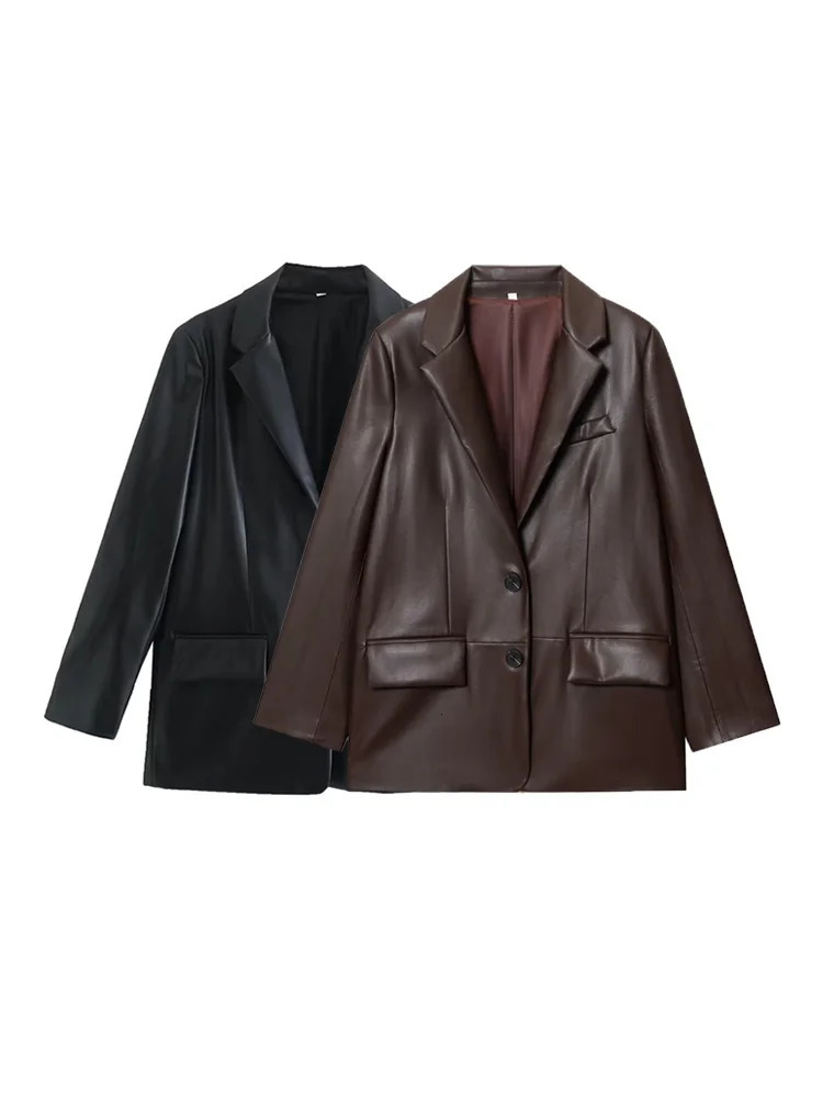 Women's Fashion Faux Leather Blazer Coat Loose Fit Old Money Style Long Sleeve Front Button Chic Outerwear Top 261013