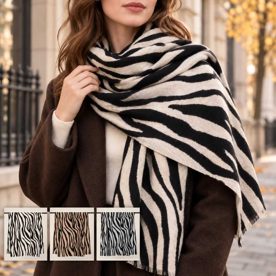 Womens Zebra Print Long Scarf Soft Warm Oversized Shawl Animal Pattern Wrap for Autumn Winter Travel S2610176JYK