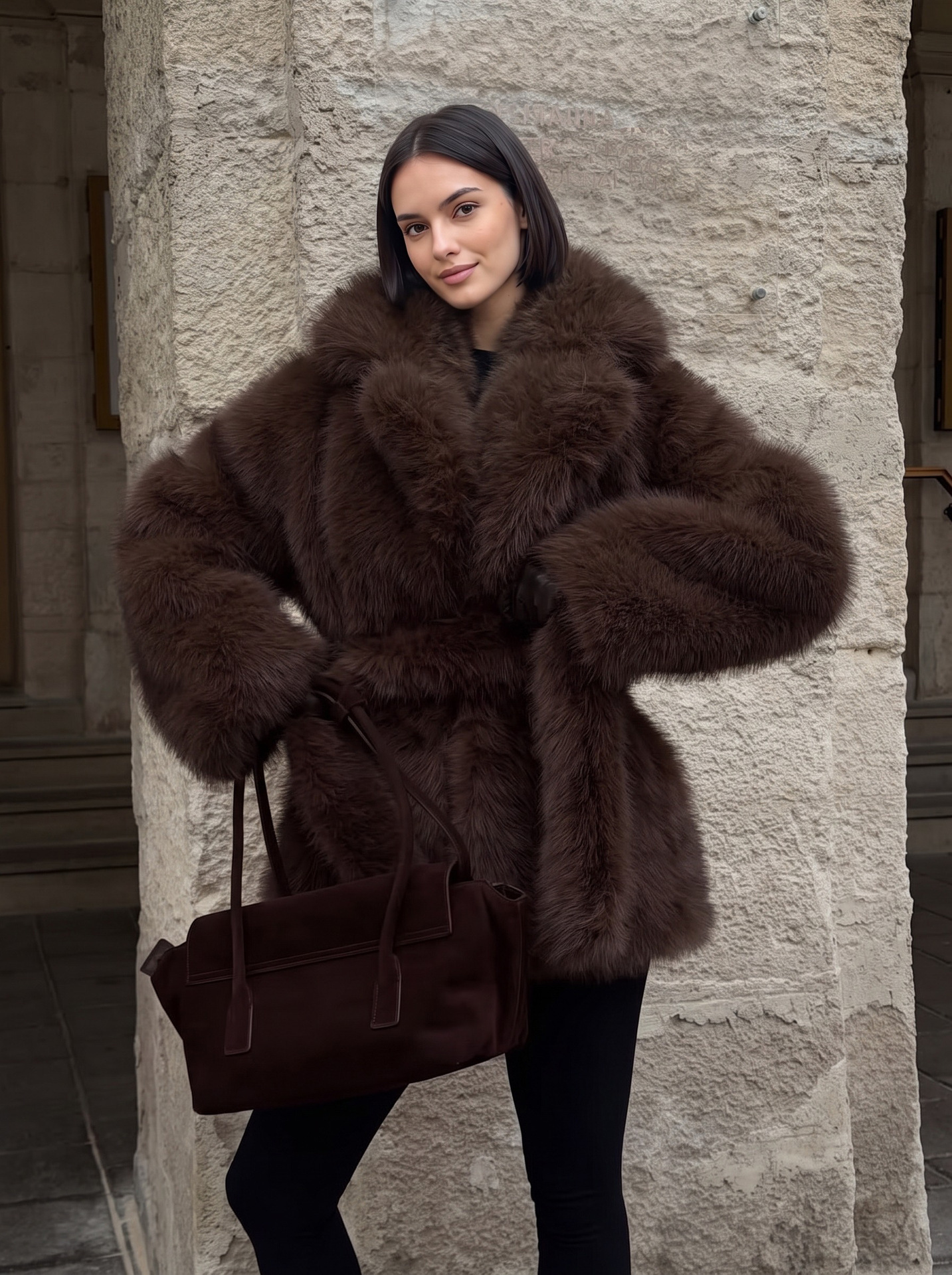 Trade Women's Clothing, Mid-Length Faux Coat, Warm, Belted, Imitation Fox Fur Coat Honglu Versatile and light luxury overcoat