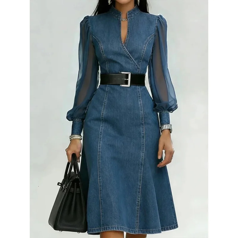 SpringSummer 2026 Long Sleeve VNeck Slimming Denim Dress WaistCinching with Belt Casual Elegant Women's Fashion 261015