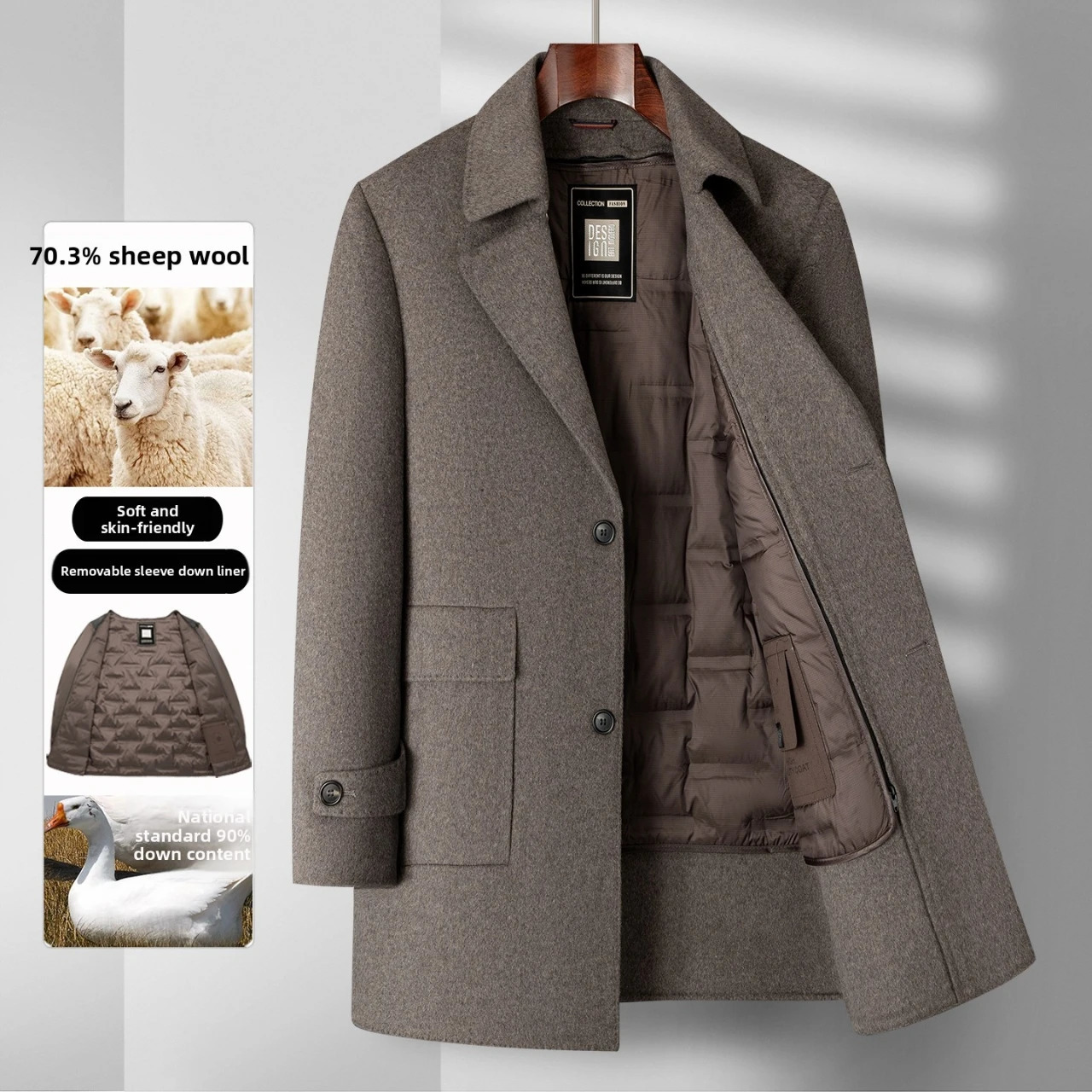 2025 Winter Men's High end Wool Coat with 70 Content Down Inner Tank Thickened Warmth Medium to Long Business 261012