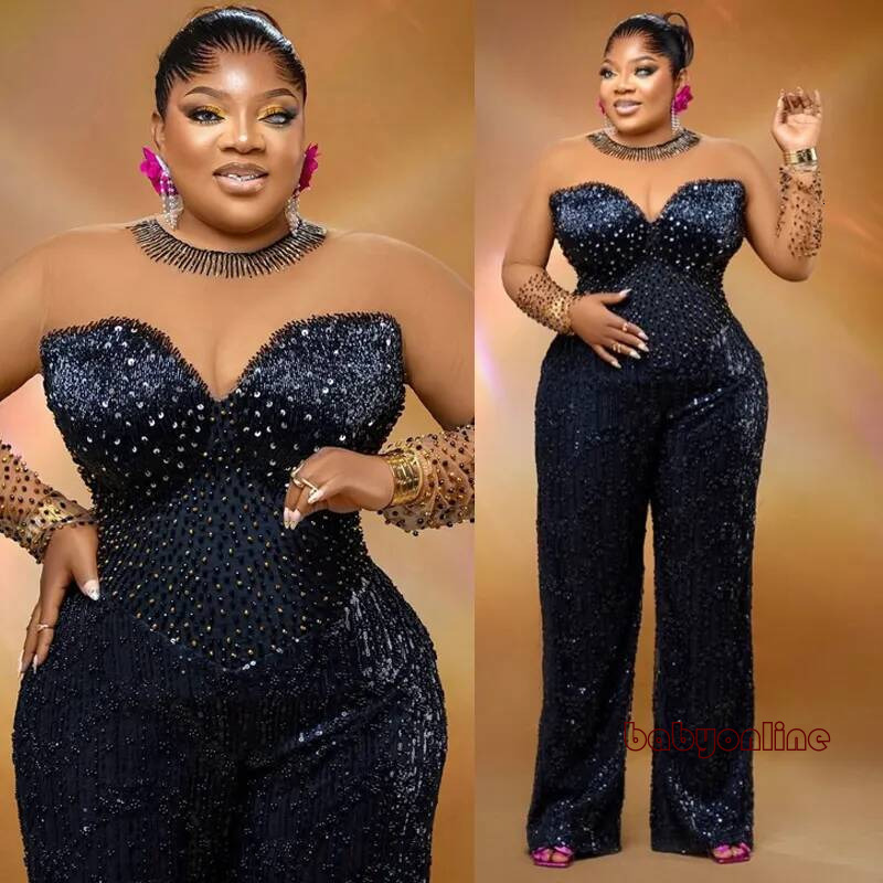 African Aso Ebi Plus Size Prom Dresses Jumpsuits Sheer Neck Sexy Pearls Sequined Lace Evening Formal For Nigeria Black Women Birthday Gowns Am3678