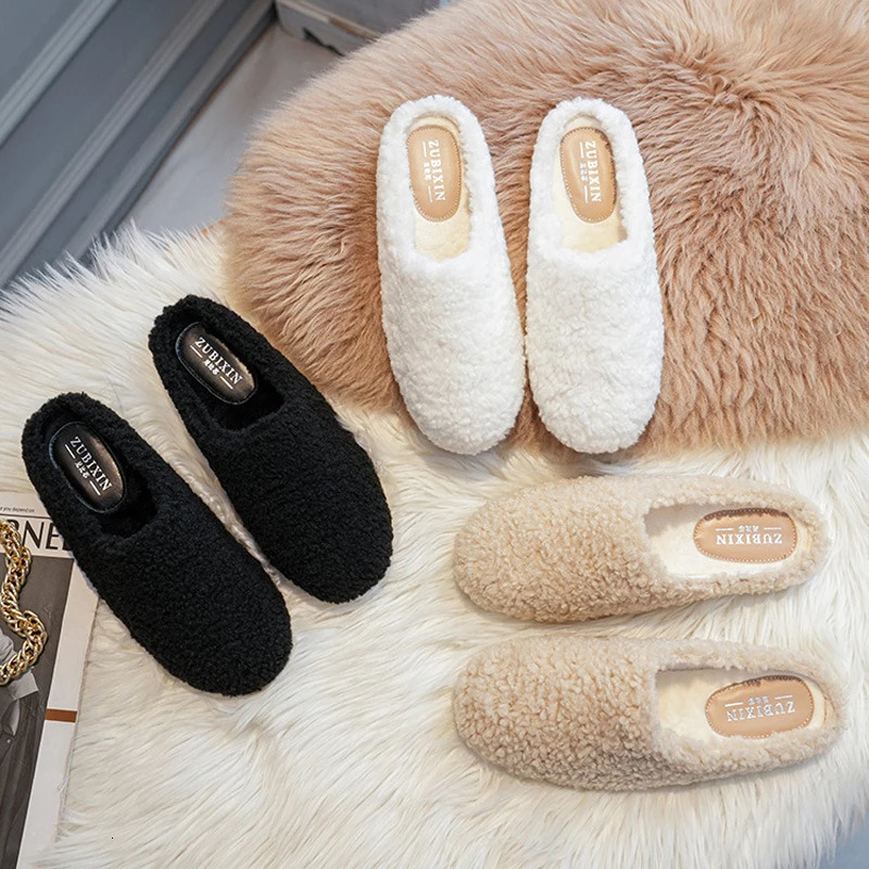 Big Size 43 Women Lambswool Slippers Winter Sheep Fur Shoes Ladies Flat Cotton Slides Home Pantuflas Daily Slip On Furry Mules 261017