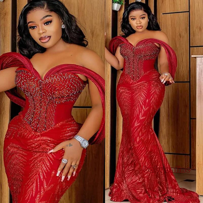 Plus Size Red Mermaid Prom Dress Evening Dresses Illusion Robe De Sorrie Off Shoulder Sexy Beaded Lace Crystal Birthday Second Reception Gown Am2235