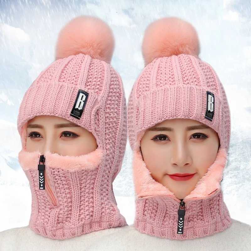Beanie/Skull Caps Women Wool Knitted Hat Ski Hat Sets Windproof Winter Outdoor Knit Thick Siamese Scarf Collar Warm Keep Face Warmer Beanies Hat Q26