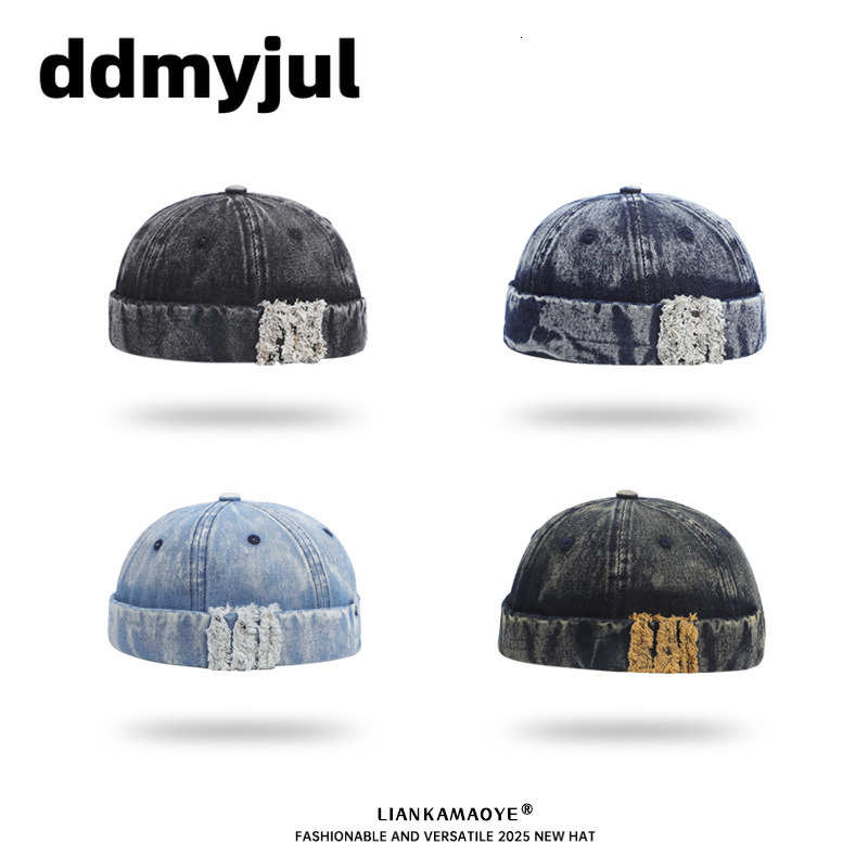 Distressed Washed Denim Docker Cap Unisex Brimless Sailor Hat Vintage Retro Ripped Skull Beanie Casual Streetwear Headwear
