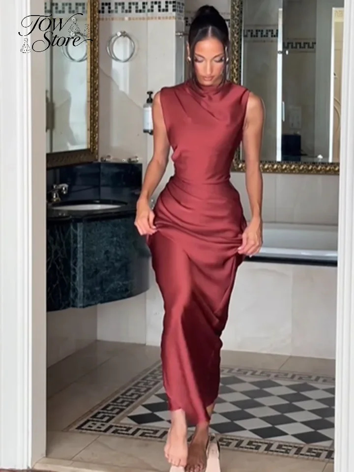 Solid Satin Cowl Neck Women's Dress Elegant Sleeveless Ruched Waist Fishtail Bodycon Lady Vestido 2026 Summer Party Dresses 261015