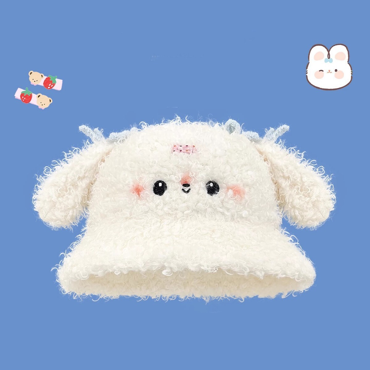 Korean-style sweet cute rabbit-ear plush bucket hat women, perfect for autumn winter, providing warmth and a versatile look that makes your face app