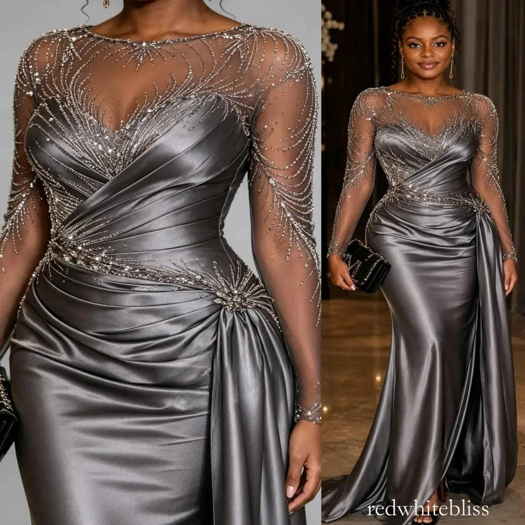 New Grey Mermaid Evening Dresses Beaded Crystals Sheer Neck Satin Prom Formal Party Second Birthday Engagement Gowns Plus Size Dress For Special Occ