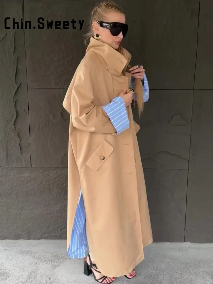 Chic Women's Long Trench Coats Loose Stand Collar Full Sleeve Single Breasted Split Windbreaker 2026 Autumn Lady Commute Outwear 261015