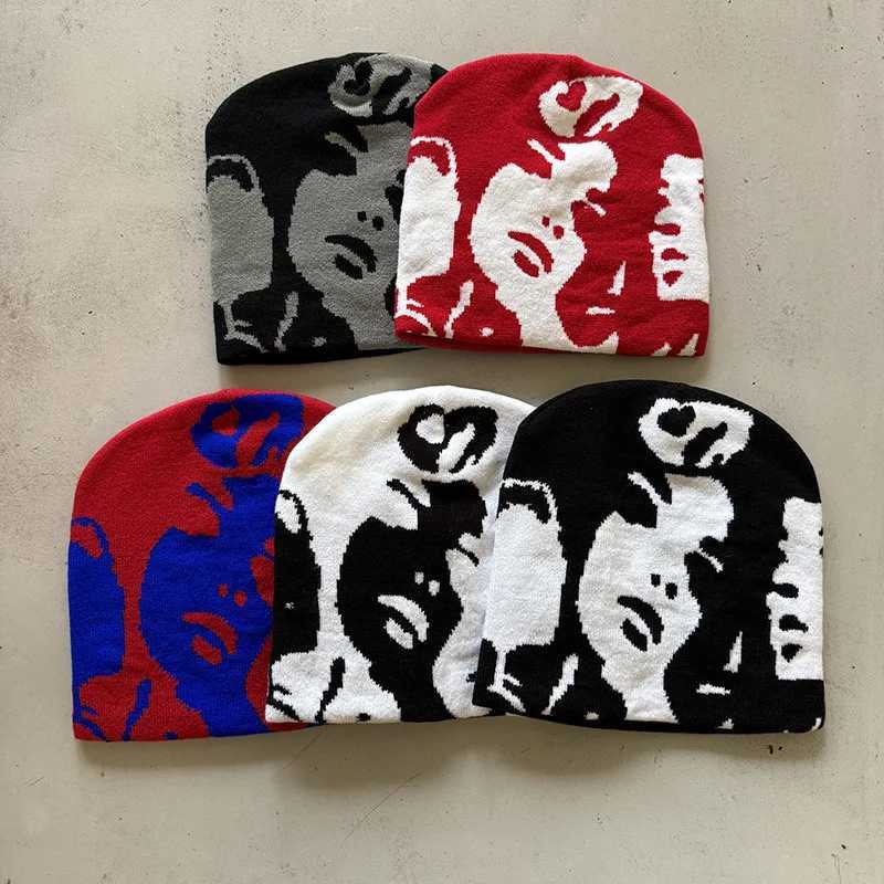 Beanie/Skull Caps 1pc Face Pattern Intarsia Beanie Hats winter Casual windproof elastic skull Cap Suitable for outdoor activities and daily wearT261