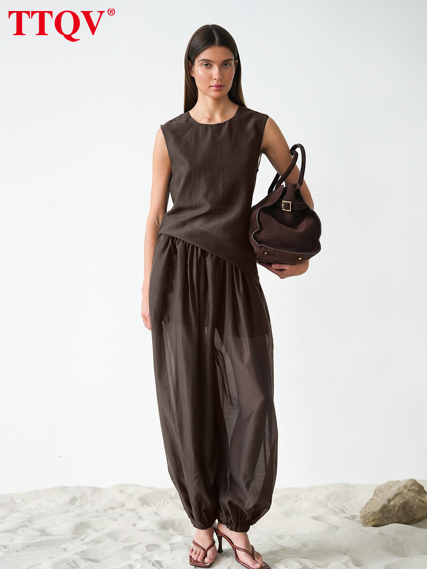 Summer Loose Brown Women's Two Pieces 2026 Fashion Sleeveless Tank Top With High Waist Wide Pants Set Female Clothing
