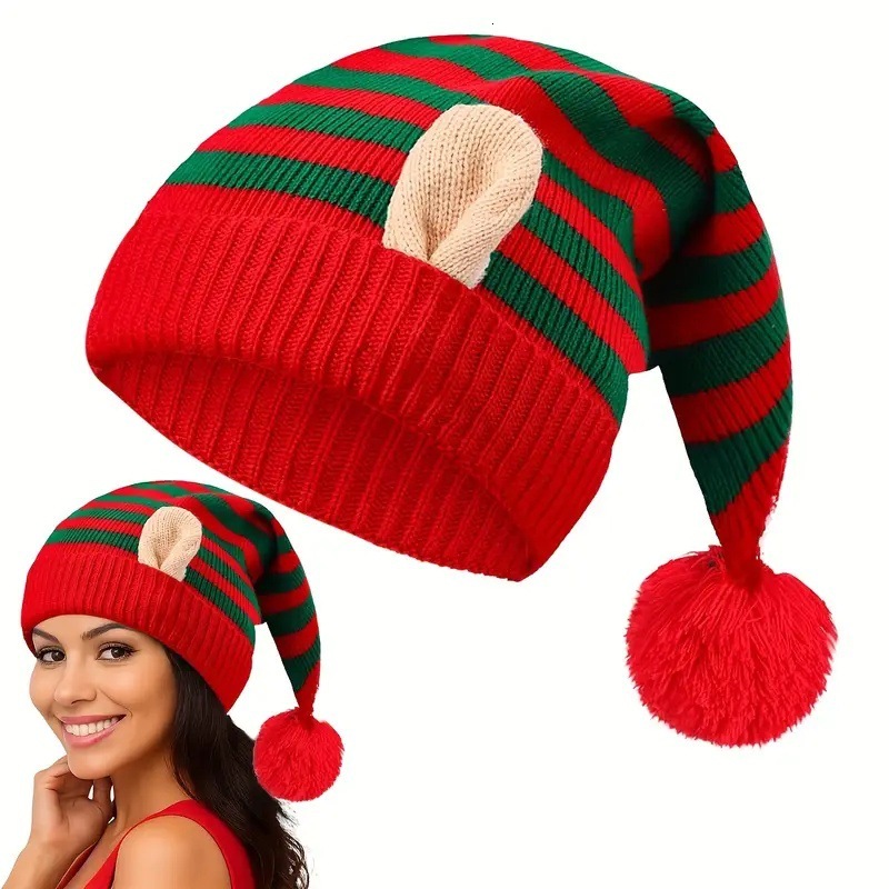 Classic earshaped knitted Christmas elf red green and white striped wool hat festive plush pompom wizard hat