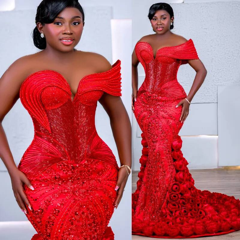 Plus Size Red Prom Dress Mermaid Evening Dresses Formal Gowns One Shoulder Flora Illusion Beaded Lace Crystals Birthday Second Reception Gown Am3673