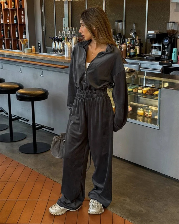 Style Velvet Solid Color One-Piece Trousers Suit with Bol 261016