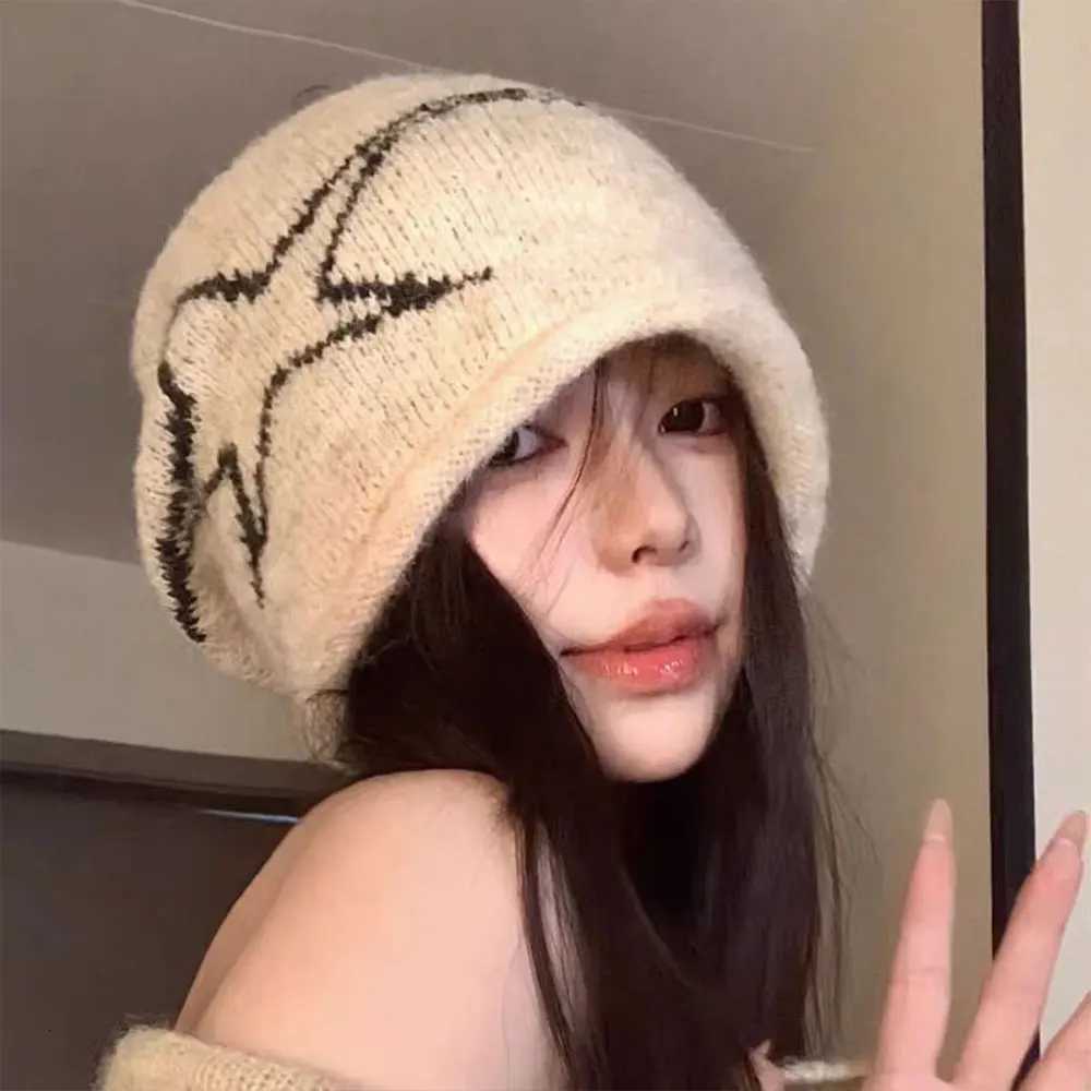Beanie/Skull Caps Y2K Five Pointed Star Beanie Cap Winter Casual Cozy Elastic Edge Curl Knitted Hat Fashion Ear Protection Brimless Slouchy HatT2610