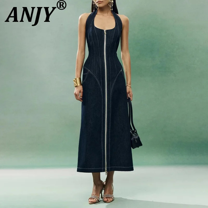 ANJY Summer Women's High Street Y2K Chic Trendy Sleeveless Halter Neck Backless Waist Cinching Zipper Denim Dress A8053 261015