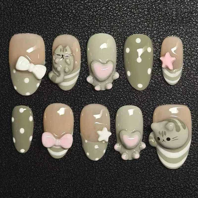 False Nails 24PCS Fresh Green Almond Press on Nails Cute Cat 3D Bow Heart White Polka Dots Sweet French False Nails Tips Wearable Full Cover Q261017