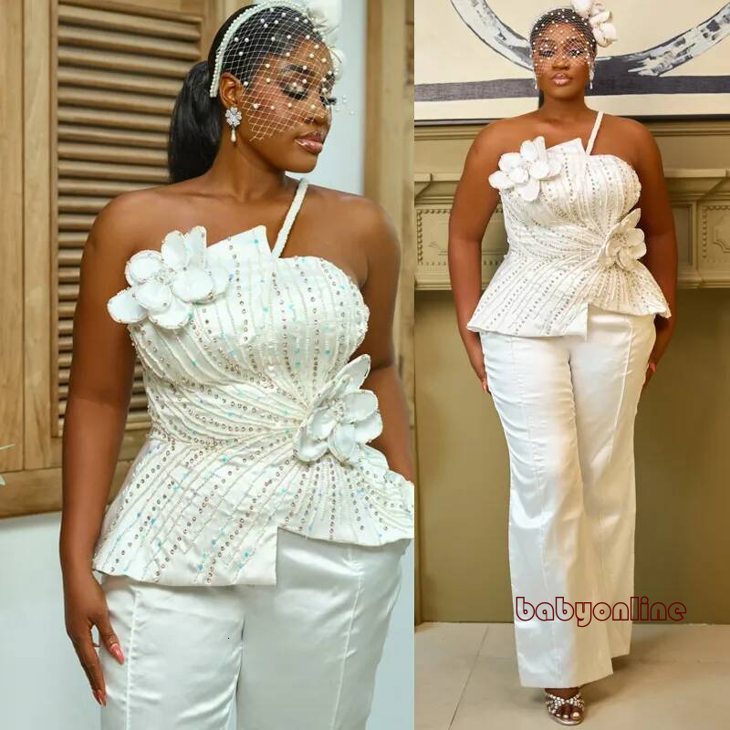 Plus Size Prom Dress Off White Jumpsuits One Shoulder Sexy Pearls Flora Crystal Sequined Lace Evening Formal For Nigeria Black Women Birthday Gowns