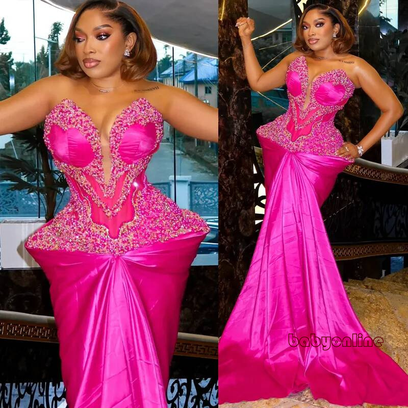 Aso Ebi Fuchsia Mermaid Prom Robe De Soiree Sweetheart Pearls Party Dress Sequined Lace Formal For Black Women Birthday Gowns Am3802