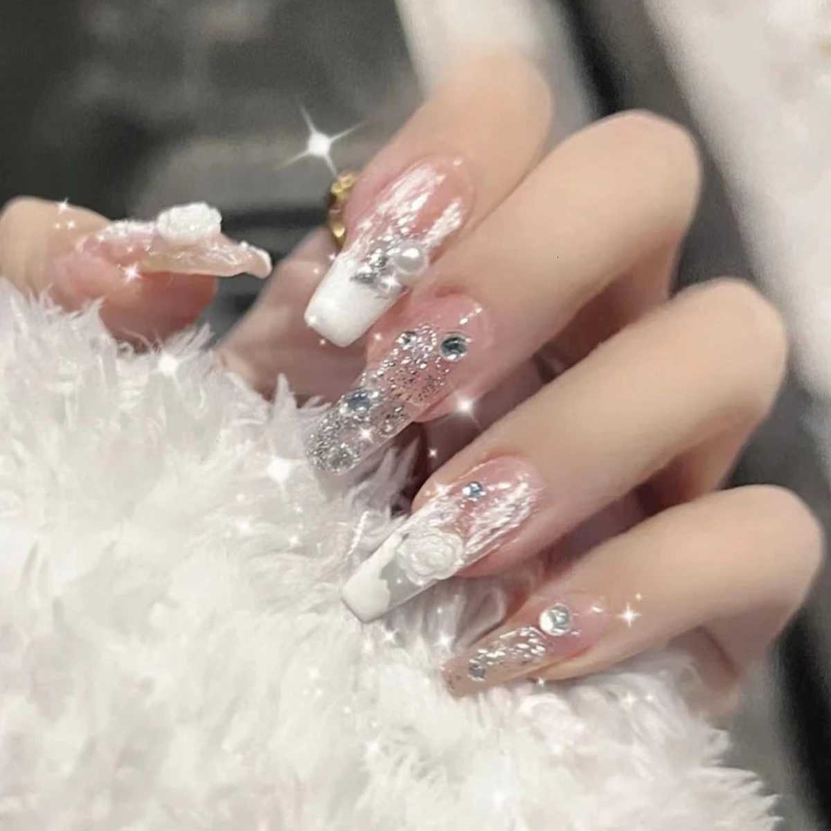 False Nails New Women Girls 24Pc/Set Medium Ballet French White Camellia Stone Decoration Full Coverage Wearable Fake Nail Press on Nail Art Q261017
