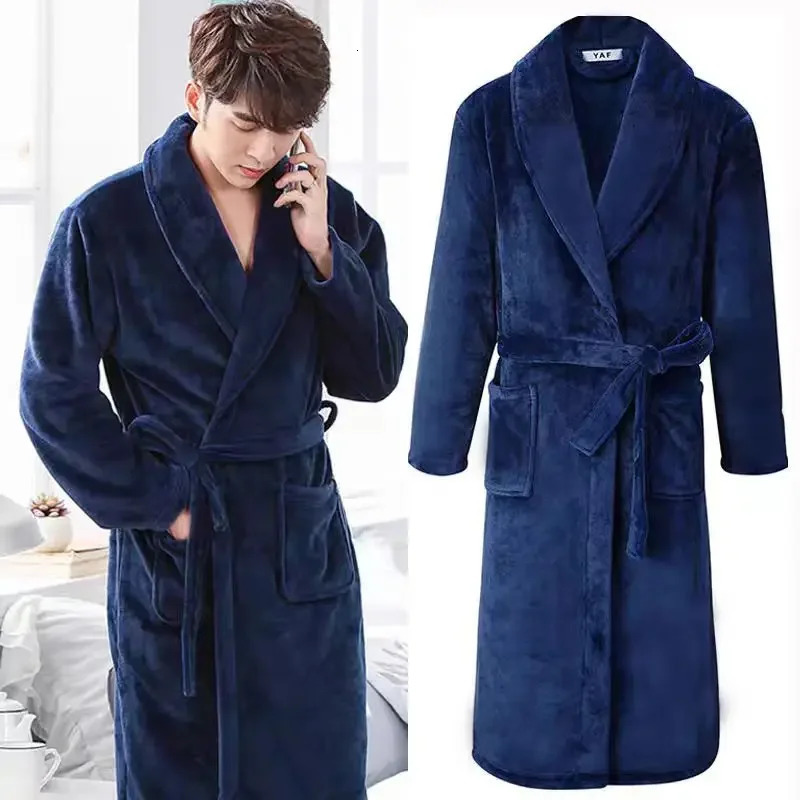 Men Soft Bathrobe Lady Plush Flannel Winter With Belt Thickened Lined Mens MediumLength Home Sleepwear 261017