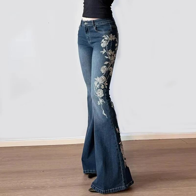 Autumn Women Retro Y2k Jeans Baggy Floral Embroidery Vintage 2000s Low Rise Flared Denim Pants High Street Slim Fit Trousers 261015