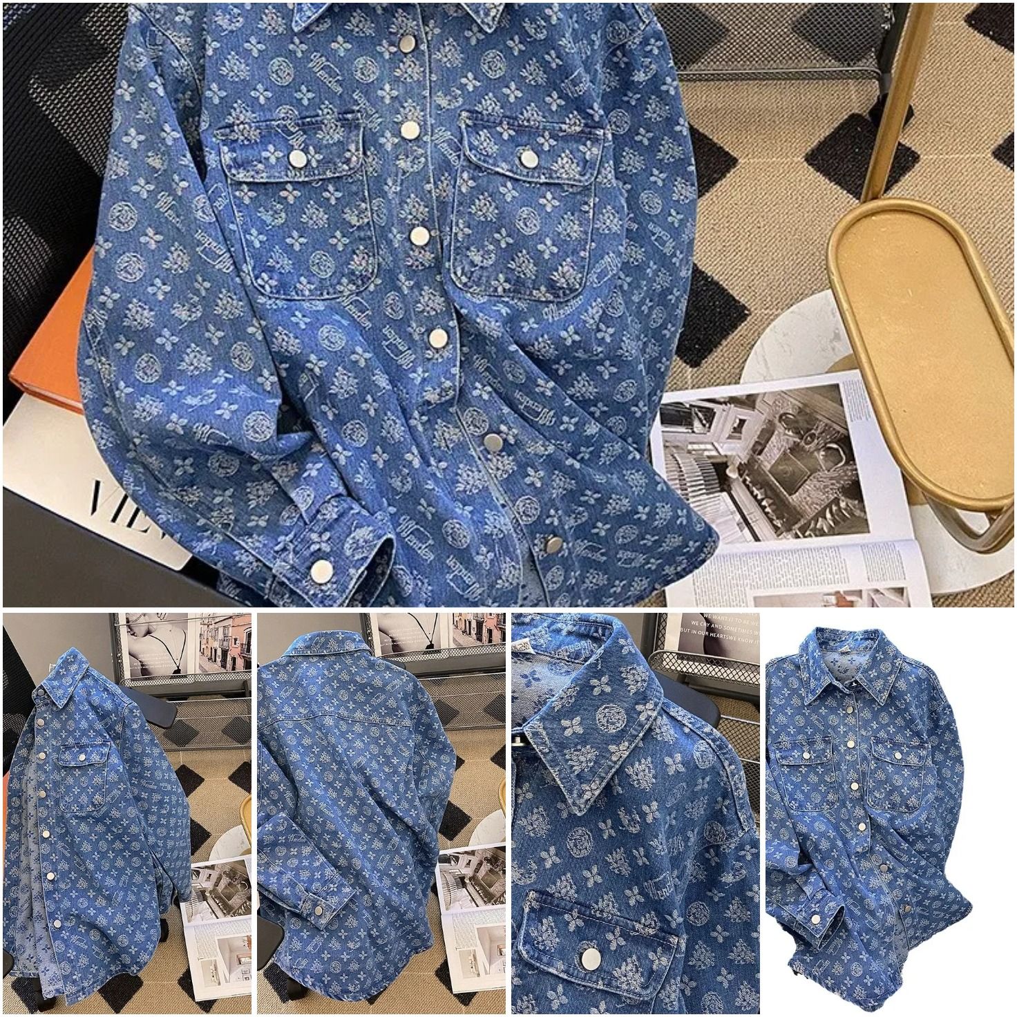 Free Shipping Womens Fashion Printed Jacquard Coats Autumn Winter Casual Long-Sleeved Jackets Loose Shirt Denim Jacket Coat Women