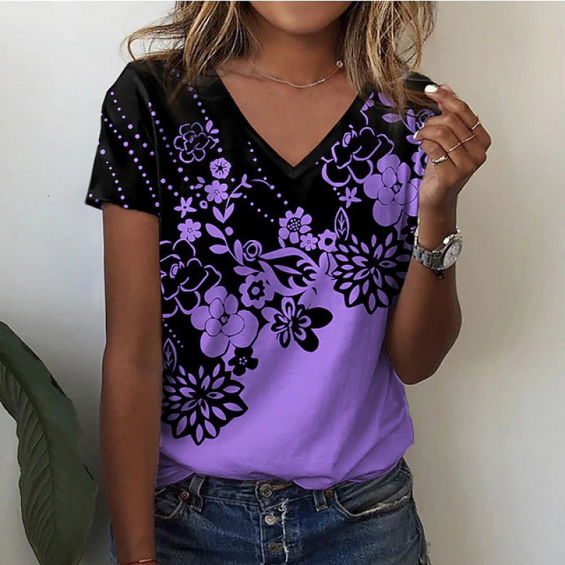 2026 Summer European American Women's Clothing For Export: New V-Neck Top With 3D Rose And Morning Glory Graphic T-Shirt Free Shipping