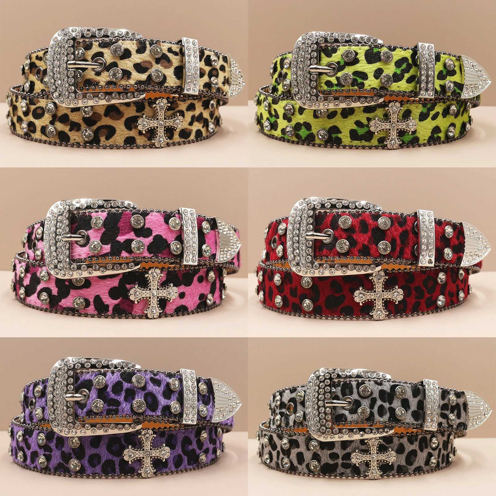 Leopard print Rhinestone Leather Belt for Men Women Large Size Belt Western Jeans Shiny Rivet Hip-hop Punk Rock Y2K Style S261017FXHT