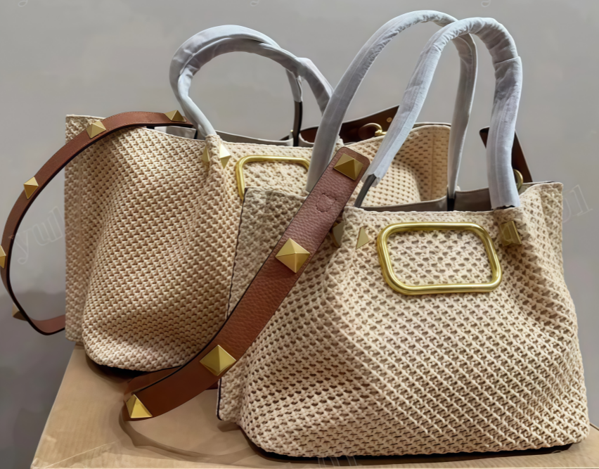 10AFashion Raffias Large Tote Designer Beach Bag Vlogo Luxurys rivet handbag Womens Shoulder weave Shop bag with purse crossbody duffle mens clutch