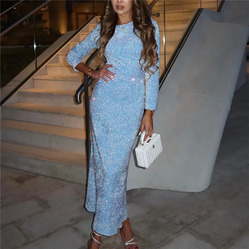hiriginFashion Sequined Party Slim Midi Dress For Women Autumn Winter Elegant Long Sleeve Sexy Bodycon Evening Dresses 261016