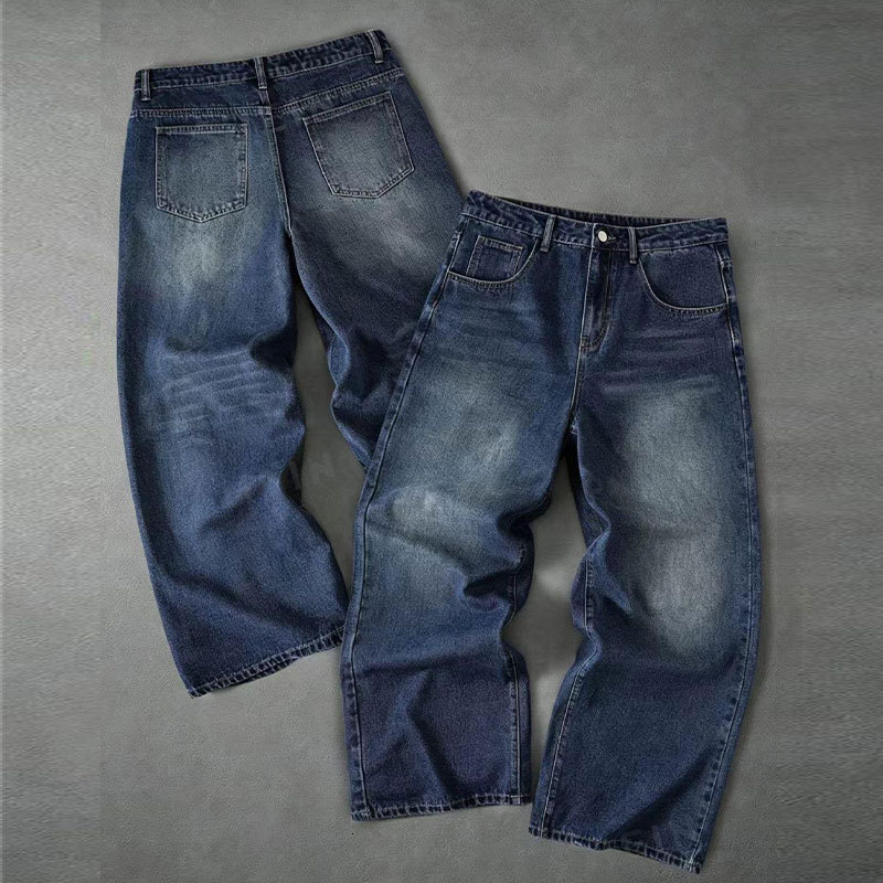 Men Loose Wide Leg Straight Jeans Dark Blue Washed Denim Pants European American Style Flowing Silhouette Casual Street Style Daily Wear Versatile L