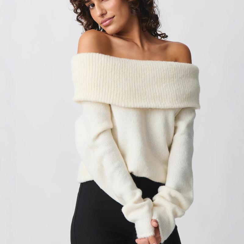 Pull asymétrique épaule dénudée à revers pour femme, manches longues, dos nu, haut en tricot, couleur unie, doux, couche de Base, automne hiver