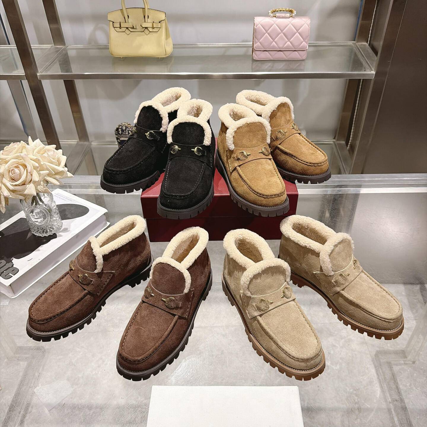 Designer Loafers Women Leather Luxury Denim Monogram Shearling Fur Lined Chunky Platform Horsebit Casual Autumn Winter Fashion Everyday Dating Class