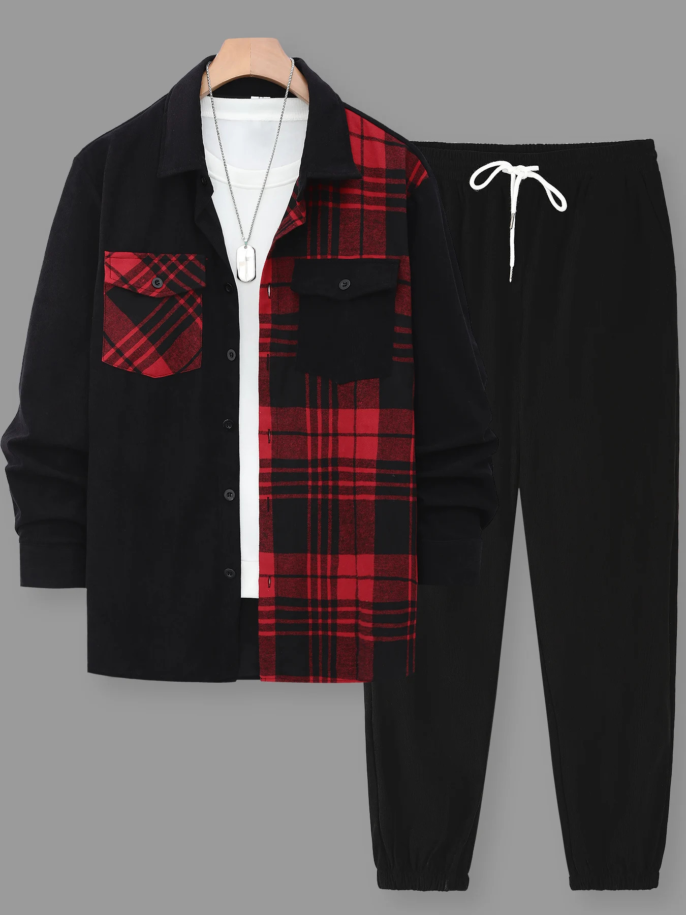 Mens Streetwear Patchwork Set Half Plaid Shirt Solid Black Joggers 261017