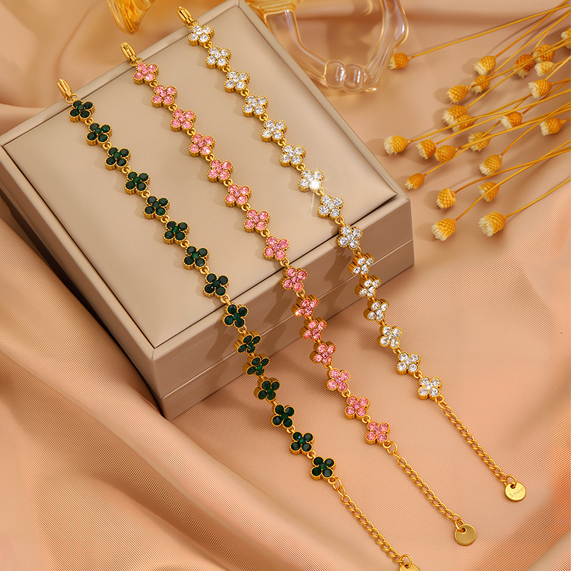 Cross-Border Exclusive Stainless Steel Full-Diamond Stackable For Women's Outfits, Four-Leaf Clover Bracelet, Adjustable, Factory Wholesale