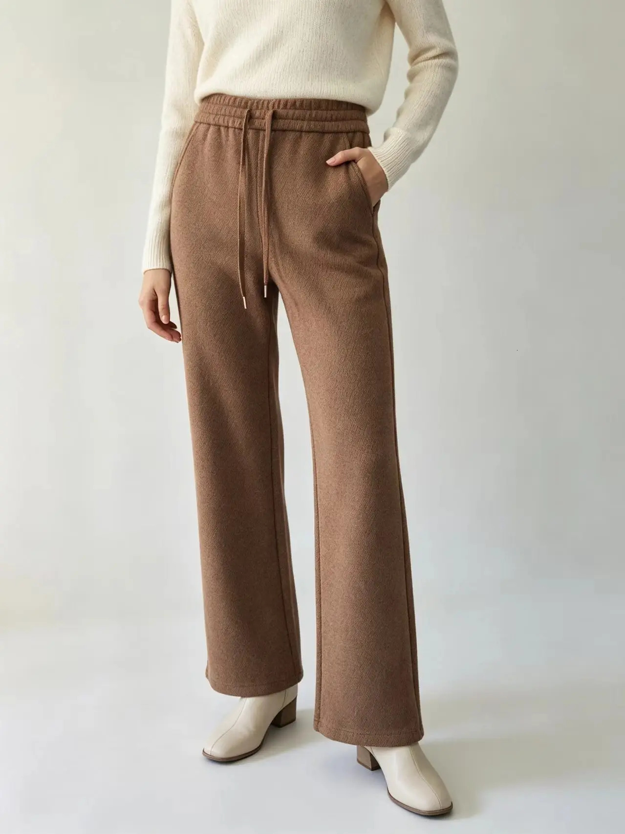 Women Autumn Winter Casual Wide Leg Pants Elastic Drawstring Waist Trousers With Pockets Solid Brown Loose Straight Long 261017