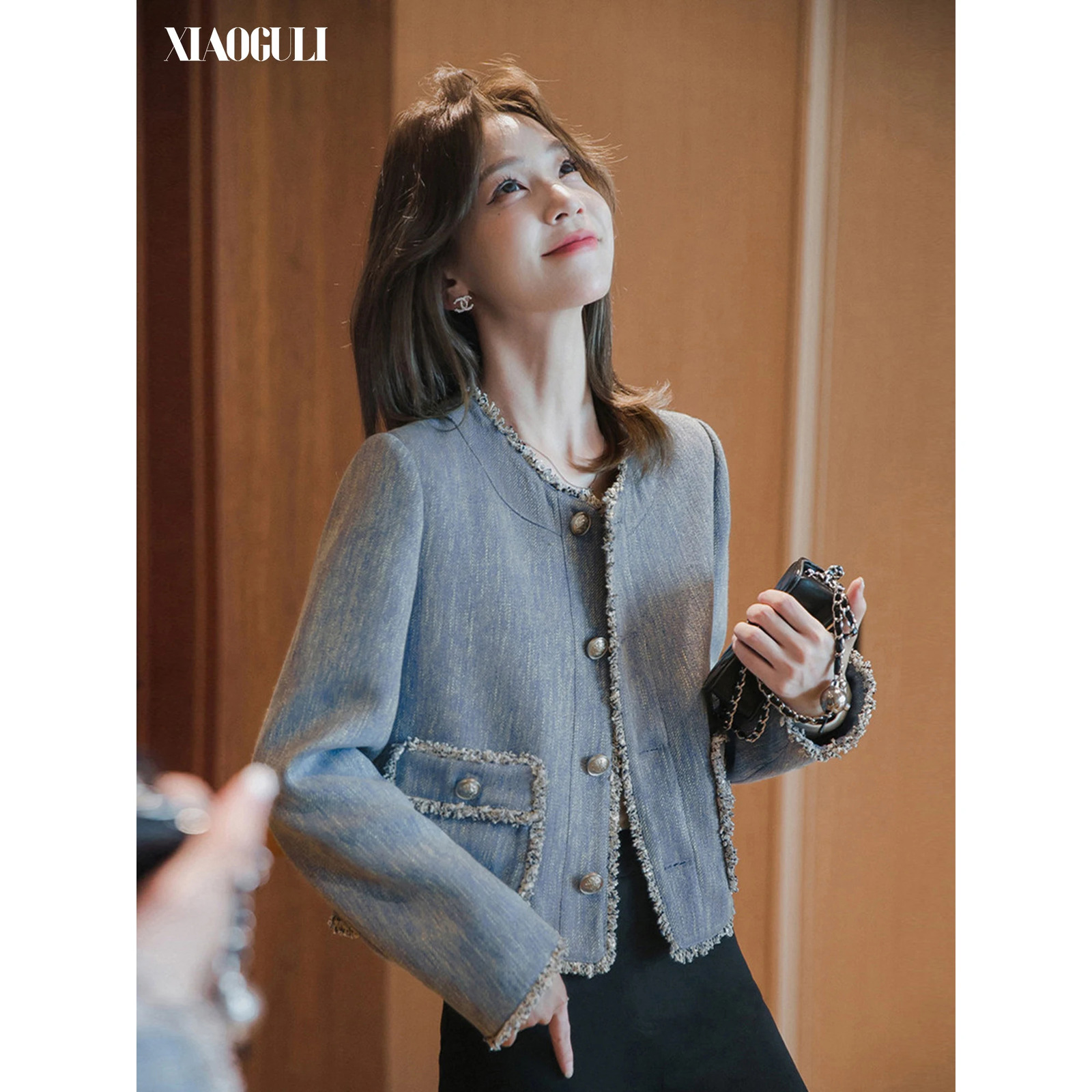 XIAOGULI Tweed Trim Women Cropped Blue Denim Jacket Korean Style 2026 Autumn Elegant Office Party Short Jean Jacket 261014
