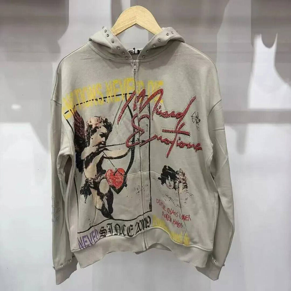 Mixed Emotions Hoodie Men's Hoodies Prestige Hoodie Little Angel Pattern Print Zipper Hotfix Rhinestone Sweater Vintage Spring And Winter High